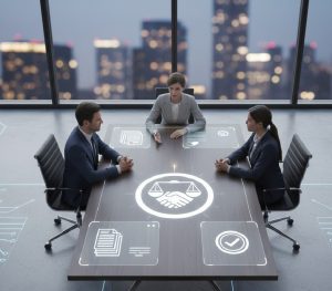 Ilustración de mediación y acuerdos para resolver conflictos en convenio regulador.