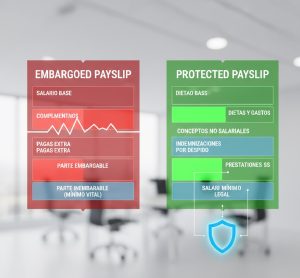 Dos nóminas comparadas que muestran conceptos embargables y protegidos.