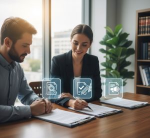 Cliente y profesional revisando documentos para corregir un embargo salarial.